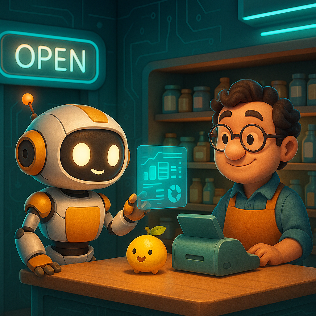 Friendly 3D robot team in a modern yellow workspace, defining the blog AI Assistants for Small Business: What Works in 2026.