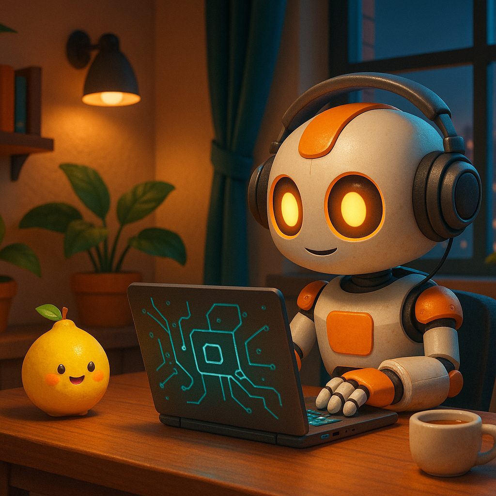 Energetic 3D robots teaming up in a bright citrus office, visualizing smart AI Tools for Freelancers to enhance creative workflows.