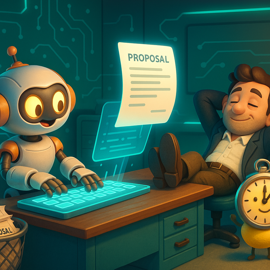 Smart 3D agents working in a dynamic citrus workspace, outlining the blog I Stopped Writing Proposals. Here’s What I Use Instead.