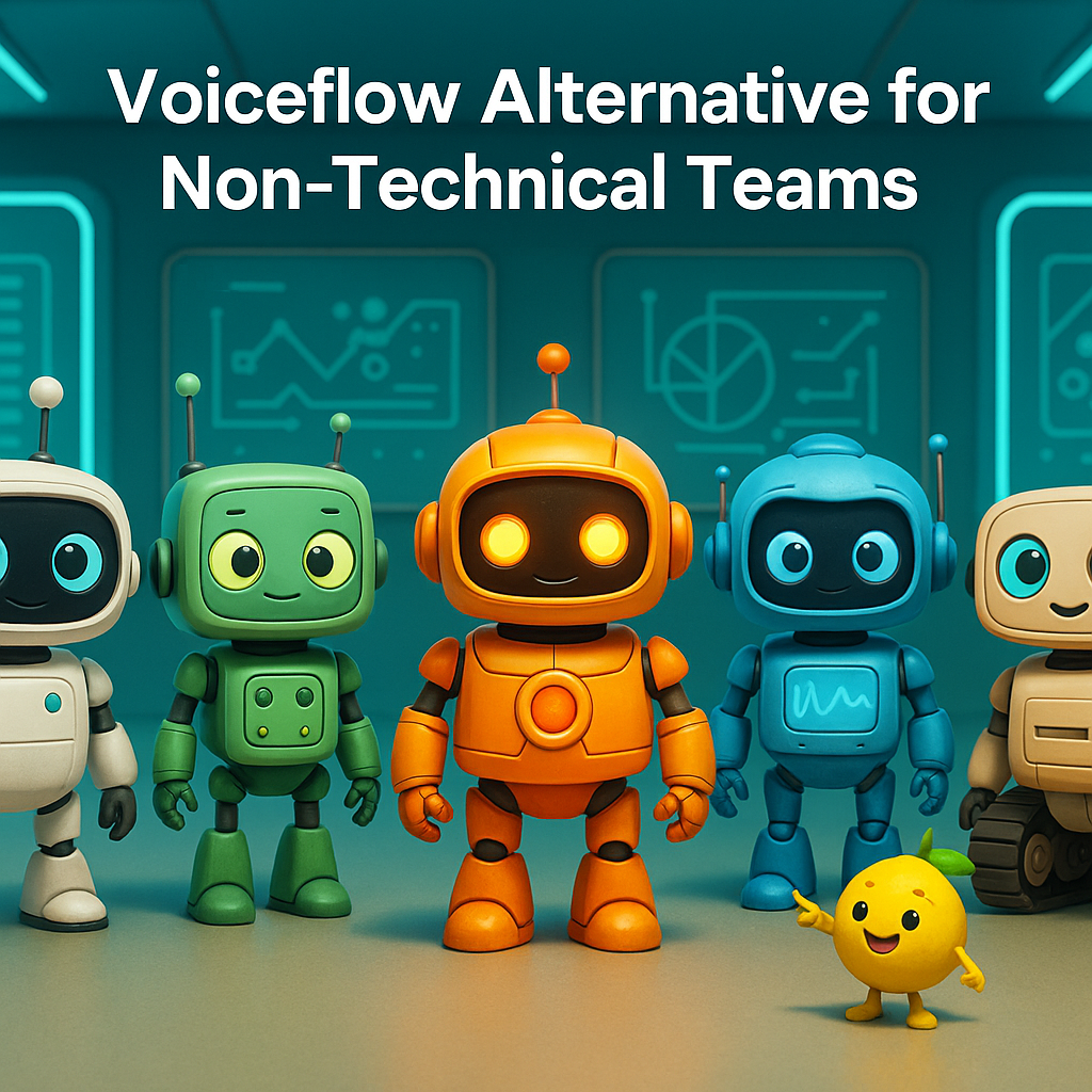 Friendly 3D AI robots collaborating inside vibrant lemon-accented modern workspaces exploring Voiceflow Alternative for Non-Technical Teams.