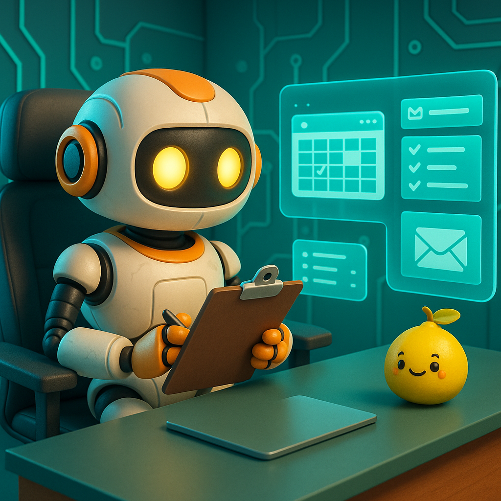 Polished 3D robots coordinating in a yellow room, featuring the blog What Is an AI Chief of Staff? (And Why Every Business Will Want One).