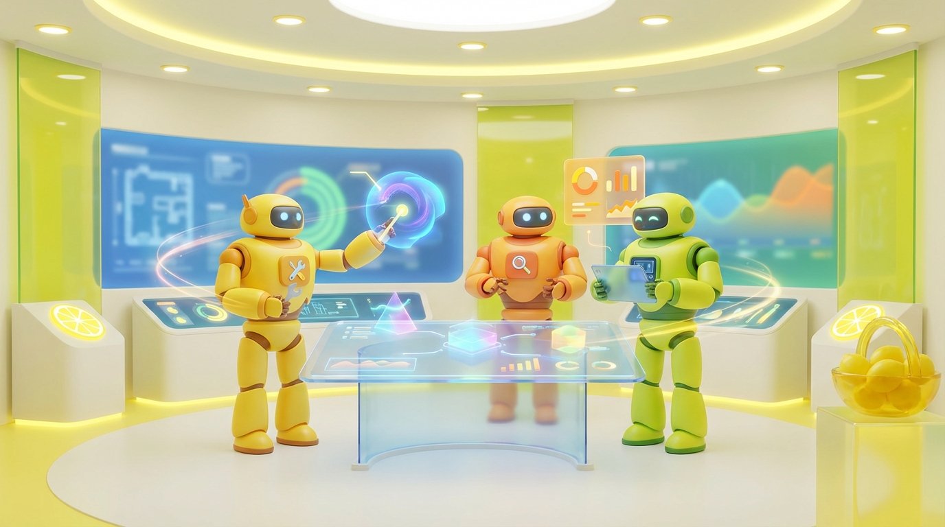 Three AI robots collaborate in a dynamic, modern workspace, illustrating the AI agent builder concept in the context of build vs buy decisions with vibrant citrus accents.