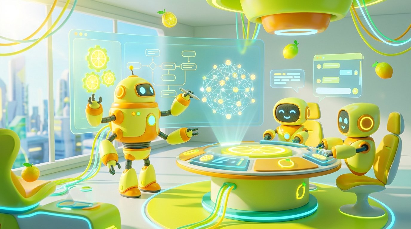 Three AI robots interact in a bright, modern workspace highlighting AI Agent vs Chatbot differences with vibrant citrus-inspired 3D design.