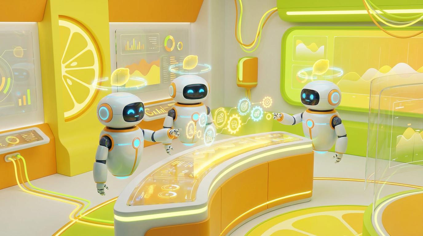 3D-rendered AI robots collaborating in a modern, vibrant workspace with citrus accents, illustrating AI audit trails and their importance in tracking actions.
