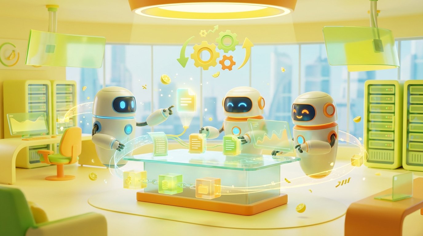 3D-rendered friendly AI robots working collaboratively in a vibrant, tech-forward environment, illustrating AI audit trails for regulated businesses.