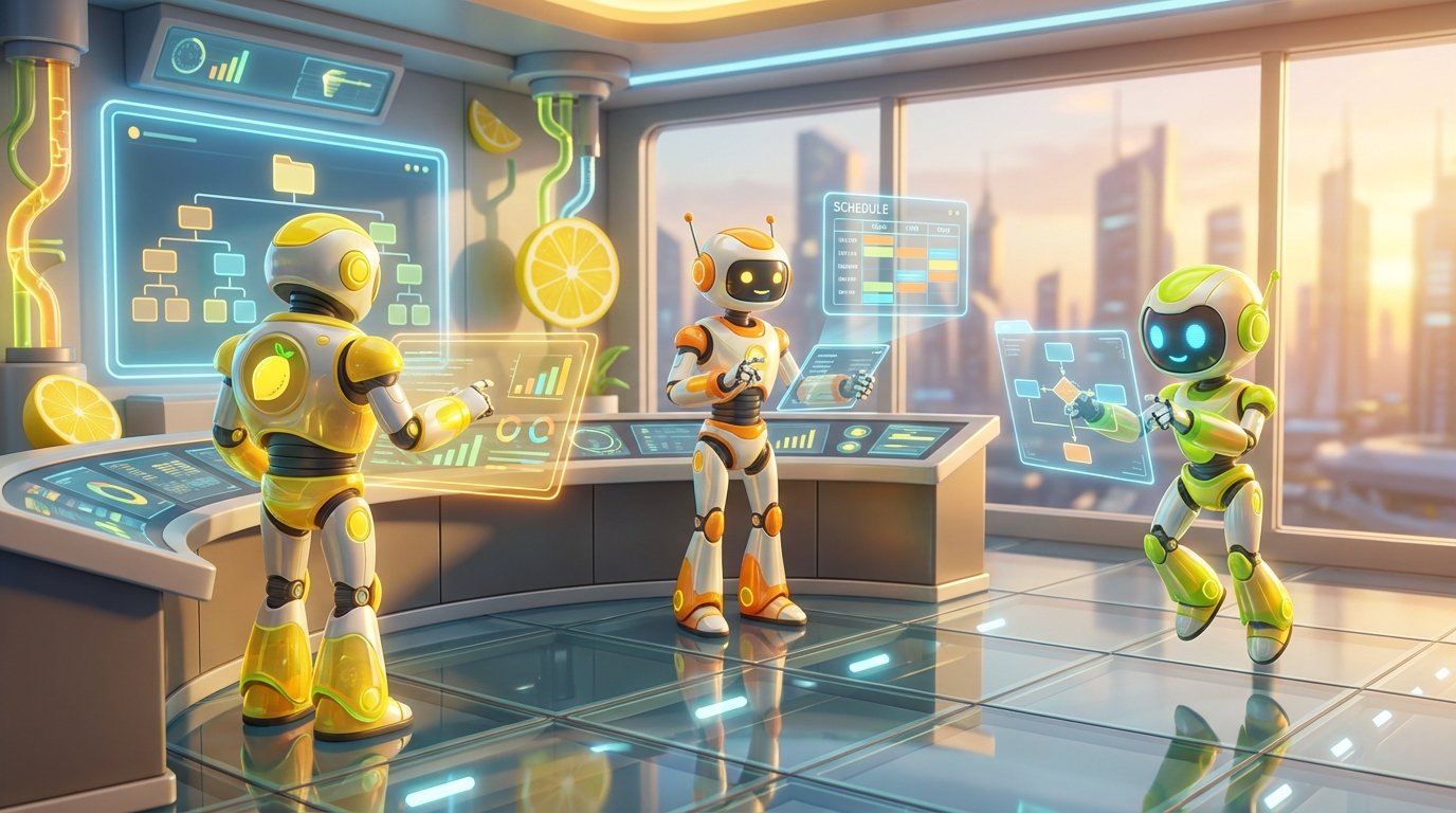 Three AI robots work together in a dynamic, modern workspace, highlighting the differences between AI Chief of Staff, virtual assistant, and AI agent with vibrant citrus accents.