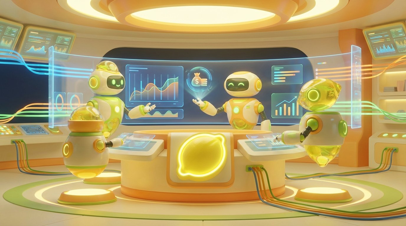 Three AI robots collaborate in a vibrant, modern workspace, illustrating AI hallucination risk in financial services with citrus-inspired 3D design.