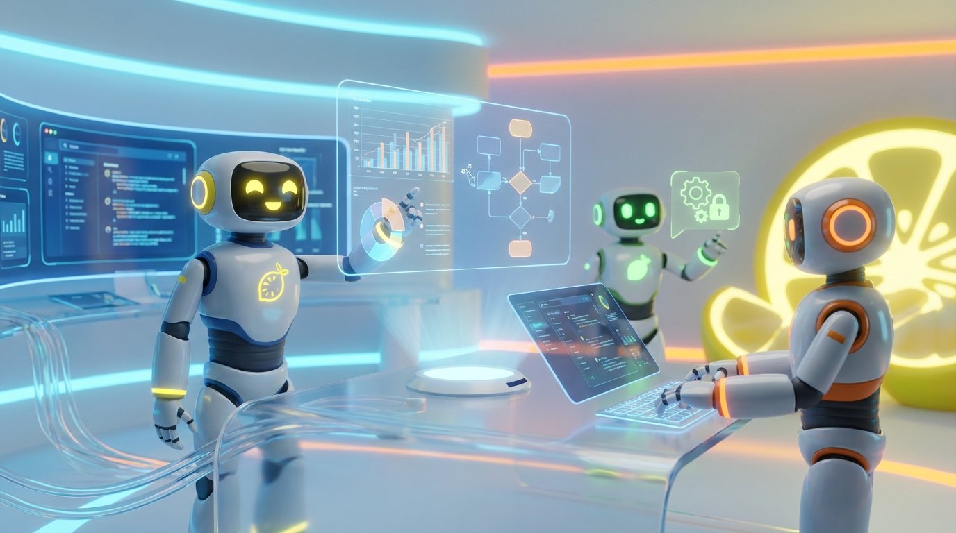 3D-rendered AI robots collaborating in a modern office with vibrant citrus accents, illustrating AI for accounting firms automating compliant workflows.