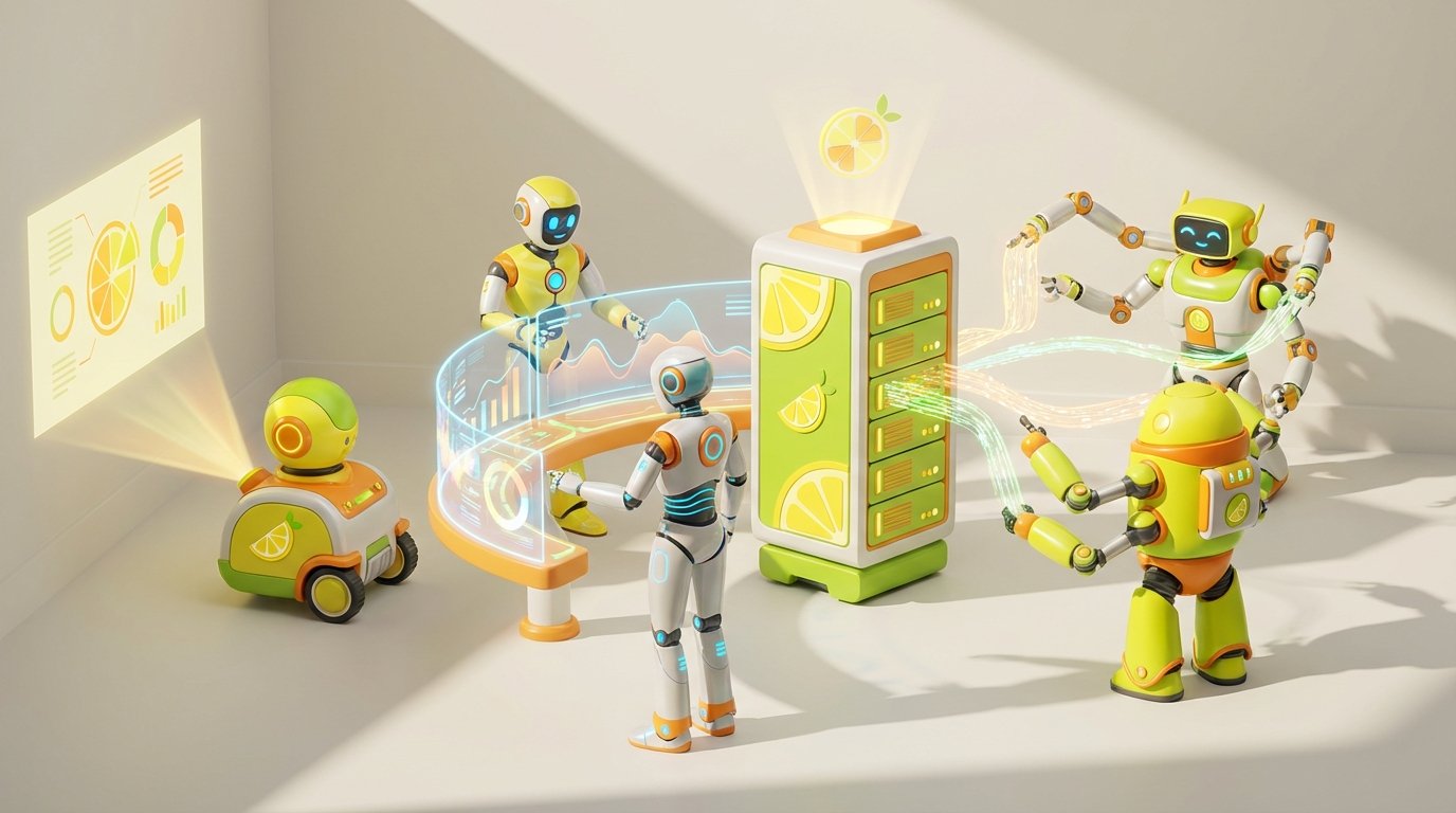 3D-rendered friendly AI robots working collaboratively in a modern, vibrant office, representing AI for Fractional CFOs automating tasks.