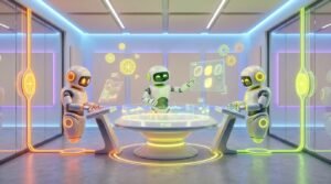 Four AI robots collaborate in a bright, modern workspace, illustrating AI for HR and recruiting with vibrant citrus-inspired 3D design, focused on automating hiring without bias risk.