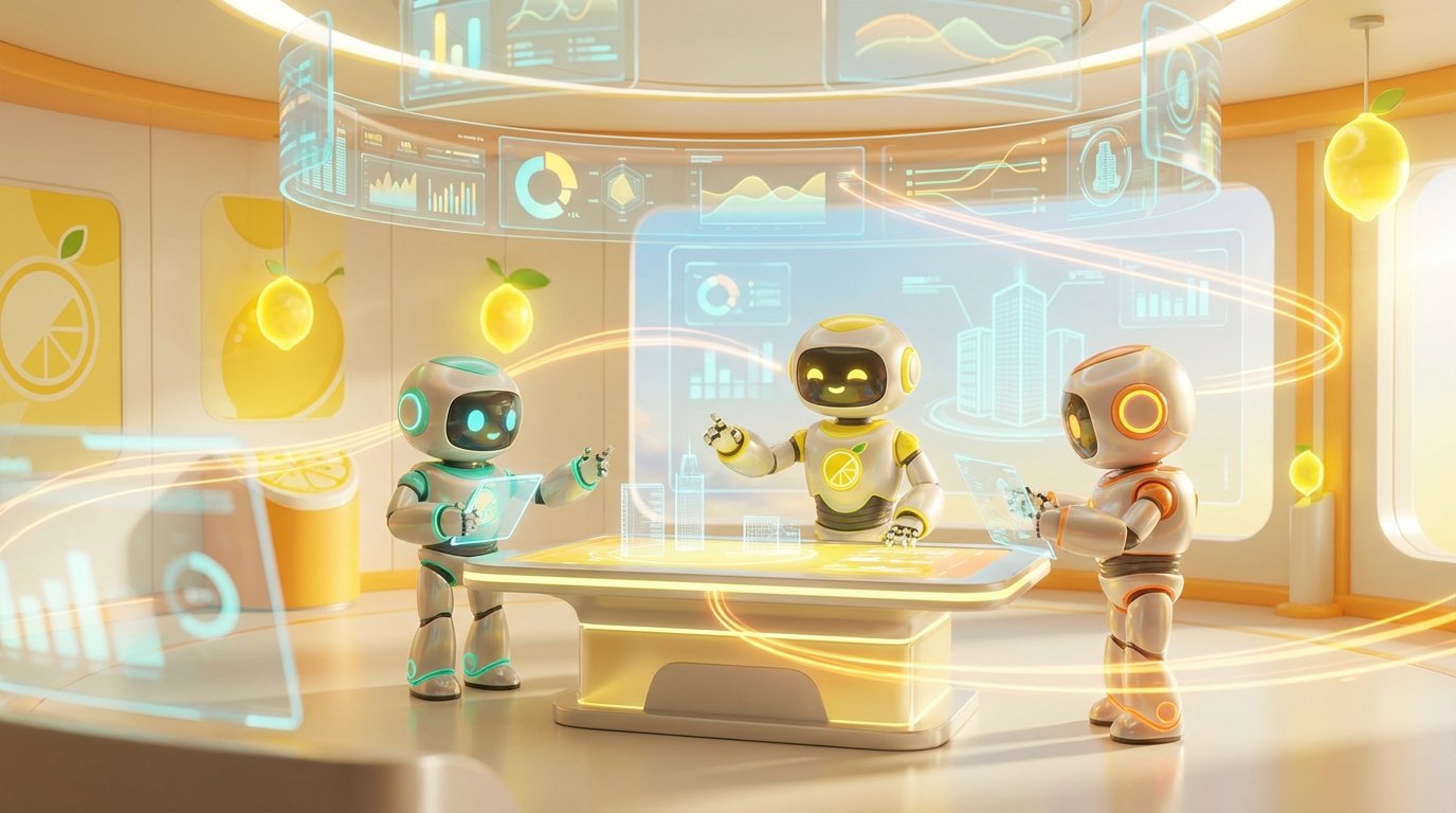 Three AI robots work together in a vibrant, modern workspace, showcasing AI for property management with citrus-inspired 3D accents, focused on automating tenant communication securely.