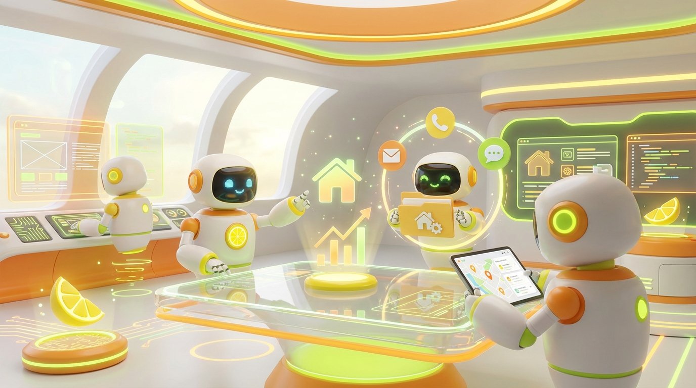 3D-rendered AI robots collaborating in a vibrant, modern workspace with citrus accents, illustrating AI for real estate agents automating follow-ups and client communication.
