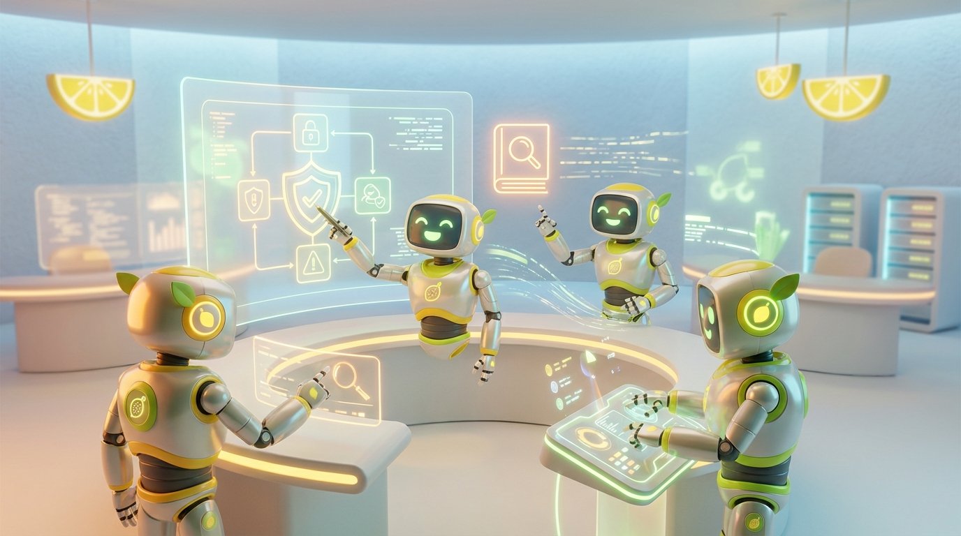 High-quality 3D rendering of friendly AI robots collaborating in a vibrant, tech-forward workspace, illustrating compliant AI for regulated businesses.