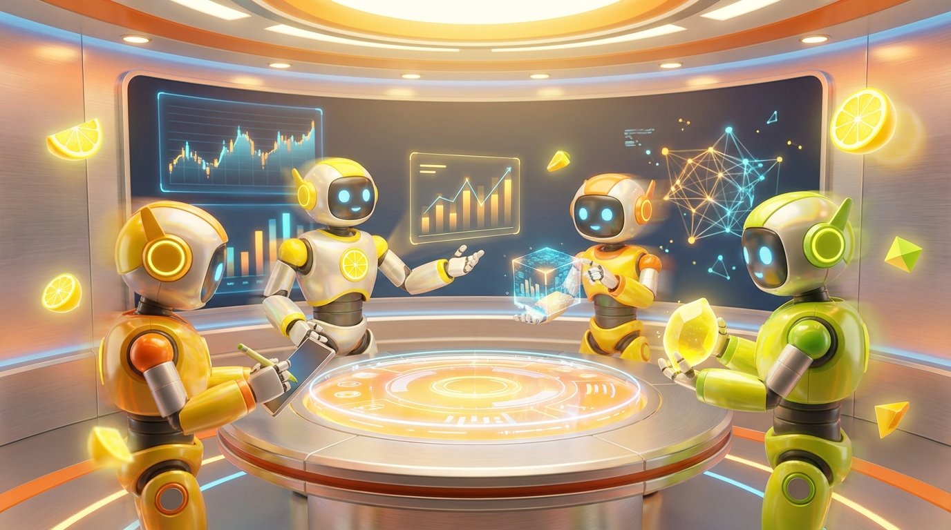 3D-rendered AI robots in a modern office with vibrant citrus accents, illustrating how fractional CFOs use AI to efficiently serve more clients.