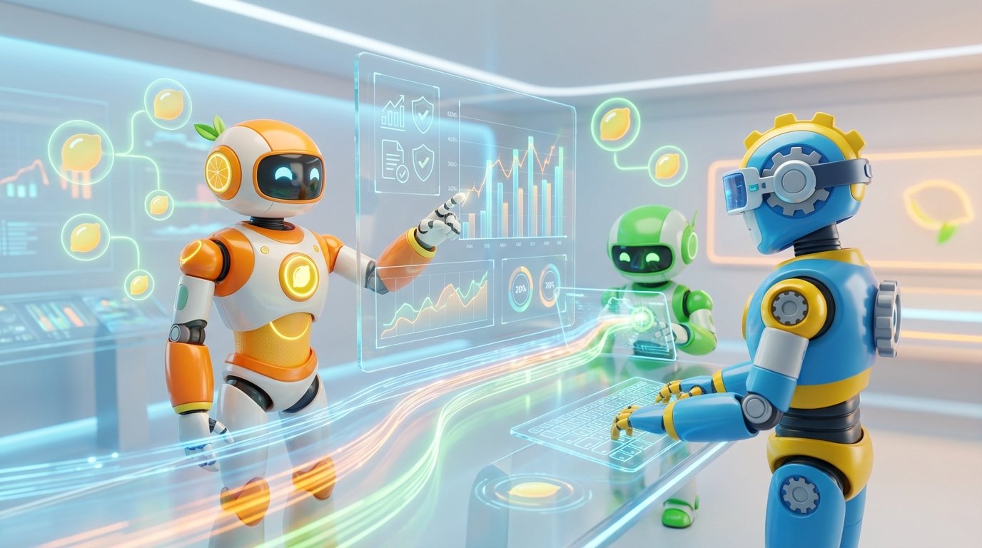 Three AI robots work collaboratively in a sleek, modern setting illustrating how to build AI agents with a vibrant citrus-inspired design.