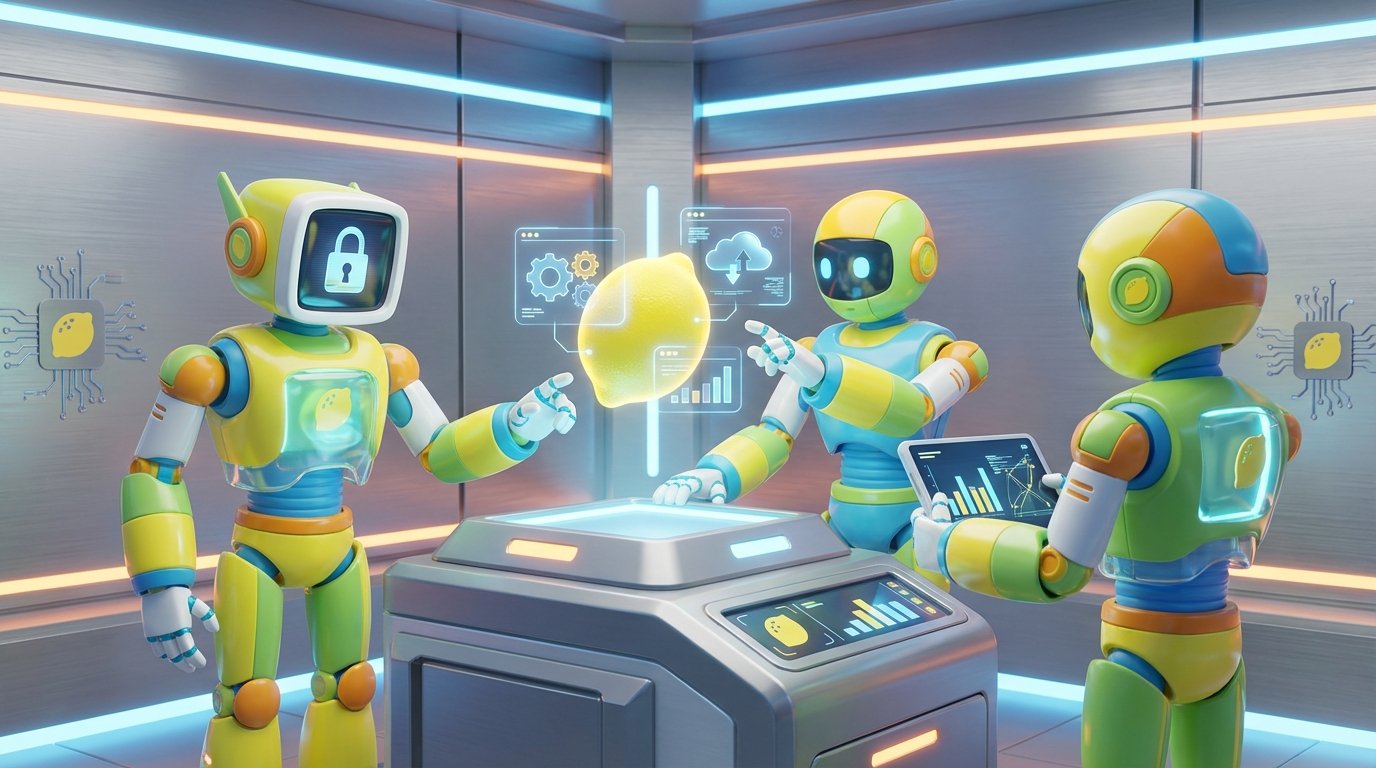 Three AI robots collaborate in a vibrant, modern workspace, illustrating how to choose an AI agent builder with SOC 2 compliance in 3D design.