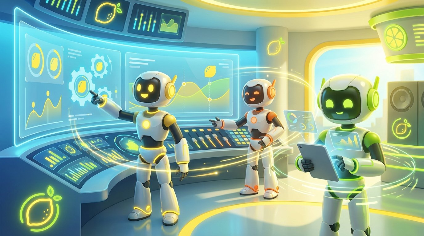 3D render of 3 friendly AI agent robots analyzing data in a vibrant modern tech lab with citrus accents, no humans or text.