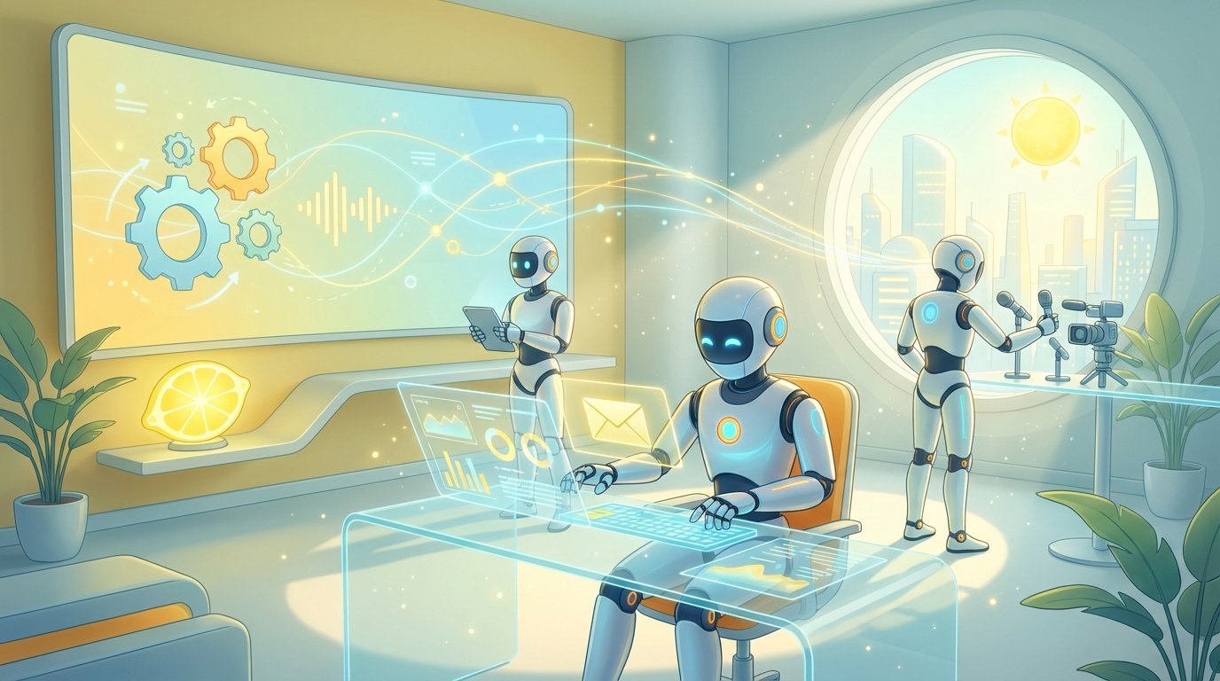 High-quality 3D rendering of friendly AI robots collaborating in a modern workspace, illustrating how to use AI for email and client follow-ups.