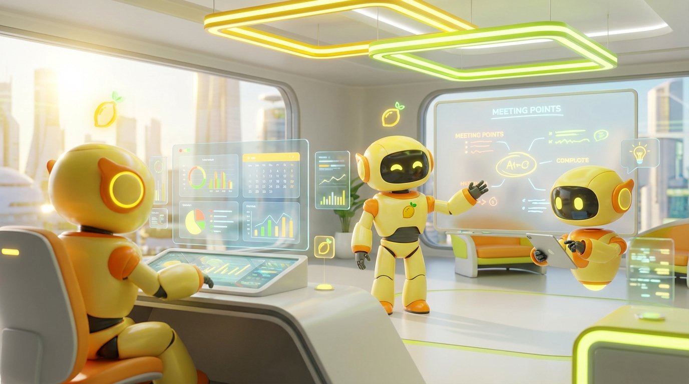 3D-rendered AI robots actively preparing in a modern workspace, demonstrating how to use AI for meeting prep with vibrant citrus-inspired accents.