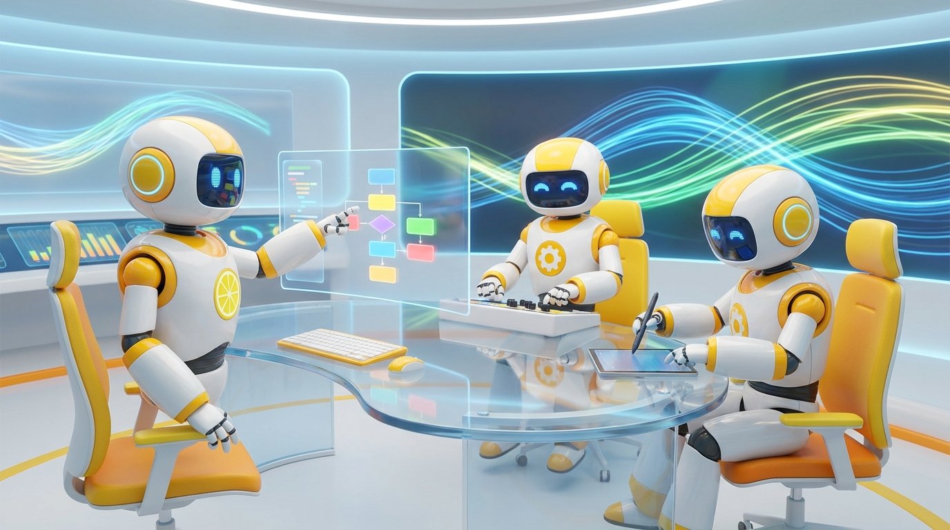 Three AI robots collaborate in a vibrant, modern space, illustrating LaunchLemonade vs Botpress and showcasing their suitability for non-technical teams in colorful 3D design.