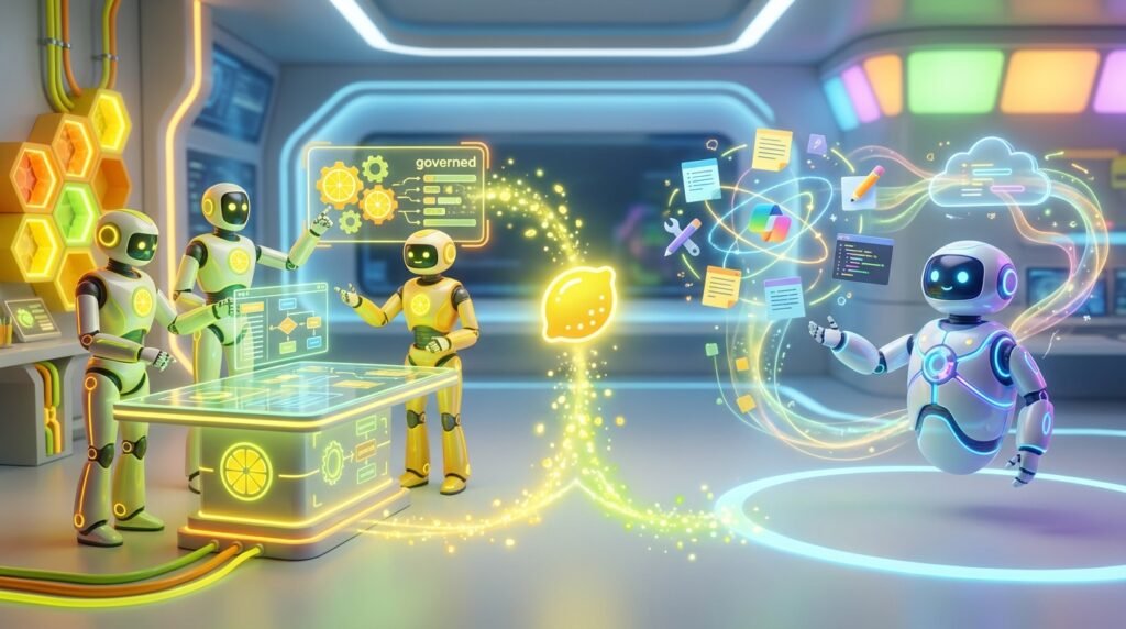 Four AI robots work together in a dynamic, modern workspace, illustrating LaunchLemonade vs Microsoft Copilot Studio with vibrant citrus-inspired 3D design, highlighting governed AI agents versus general-purpose copilots.