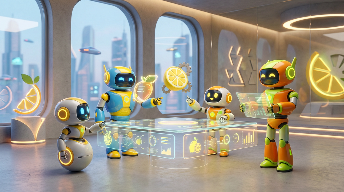 3D rendering of multiple AI robots interacting in a vibrant, modern workspace, illustrating the AI Agent Marketplace concept.