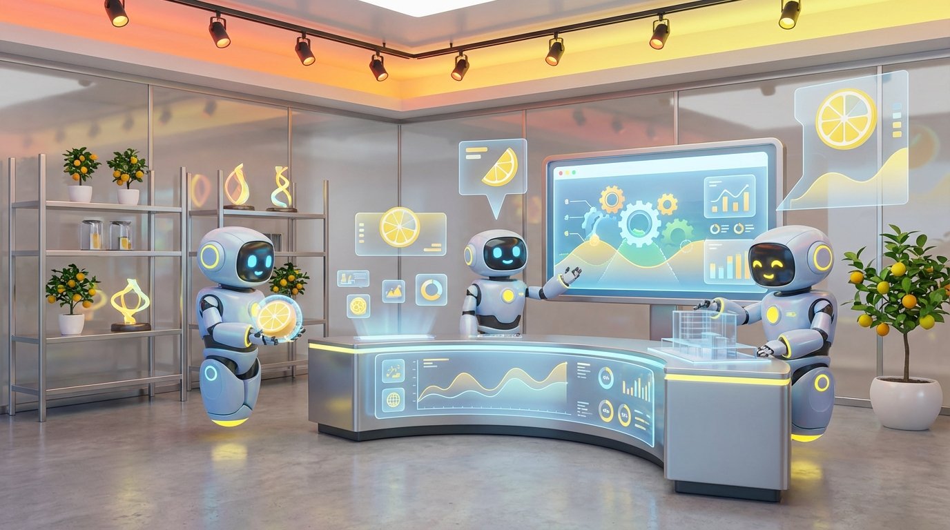 Three AI robots work together in a modern, tech-forward environment, representing broker dealers with vibrant citrus-inspired 3D accents.