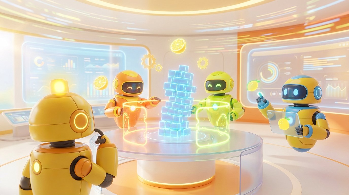 3D-rendered friendly AI robots in a modern tech workspace, representing AI and the concept of AI guardrails in business.