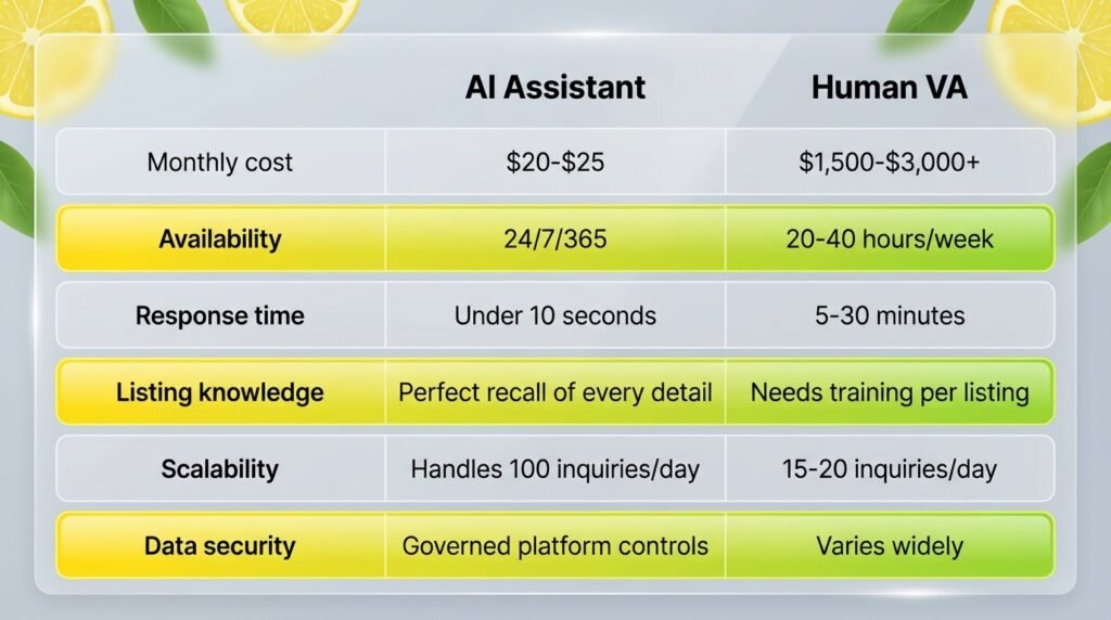 Comparison chart of AI for Real Estate Agents vs human VA showing cost, availability, response time, scalability, and data security.