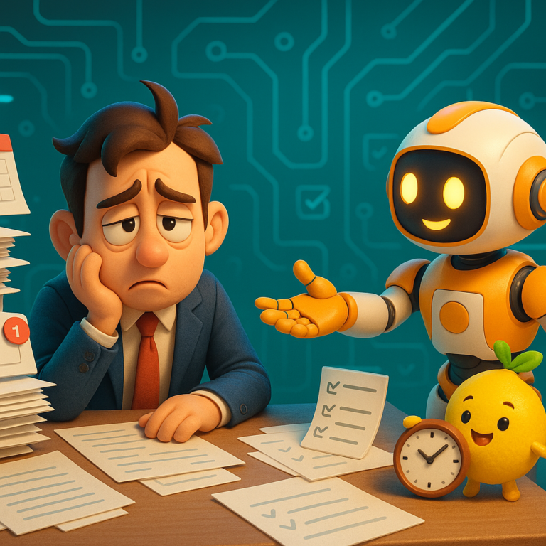 Friendly 3D AI robots collaboratively analyze energetic tech setups inside one bright, modern lemon-accented office.
