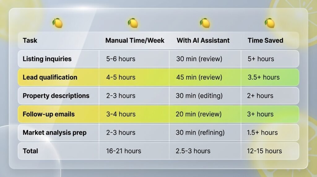 Table on AI for Real Estate Agents showing weekly tasks, manual hours vs AI assistant time, and 12–15 hours saved per week.