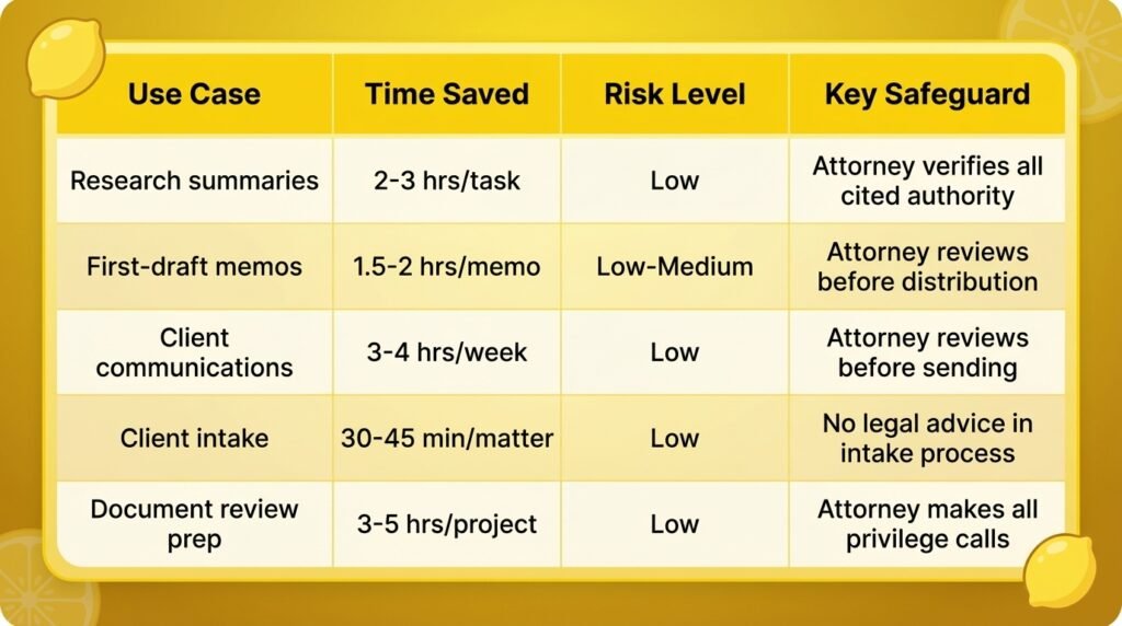 Table on AI for Law Firms showing use cases, time saved, risk levels, and safeguards like attorney review and privilege oversight.