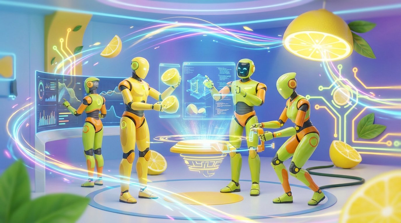 Four robots working hard in building ai an agent.