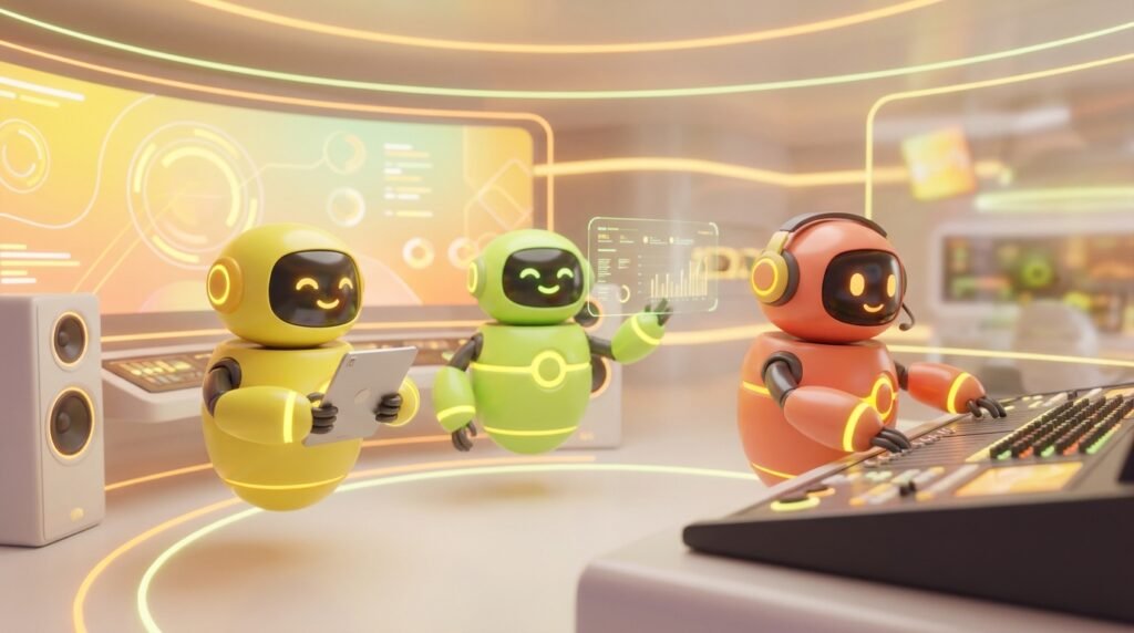 Three friendly AI robots collaborating in a modern tech room to get started with AI marketing strategies.