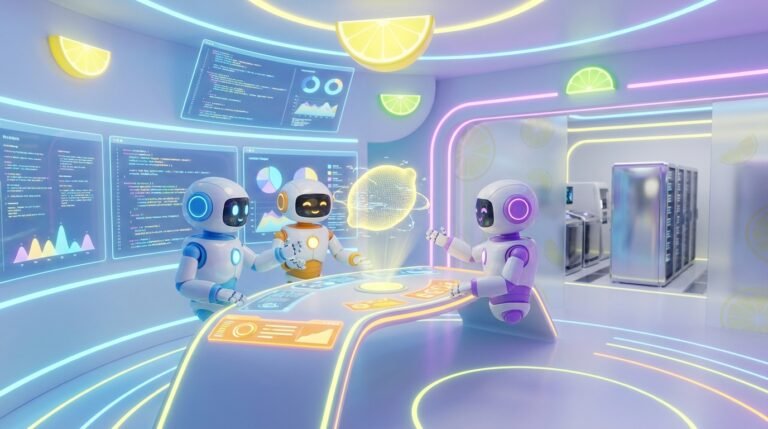 A team of friendly 3D-rendered AI robots collaborating in a bright, modern tech environment with vibrant lemon accents, representing innovative AI Consulting for Firms.