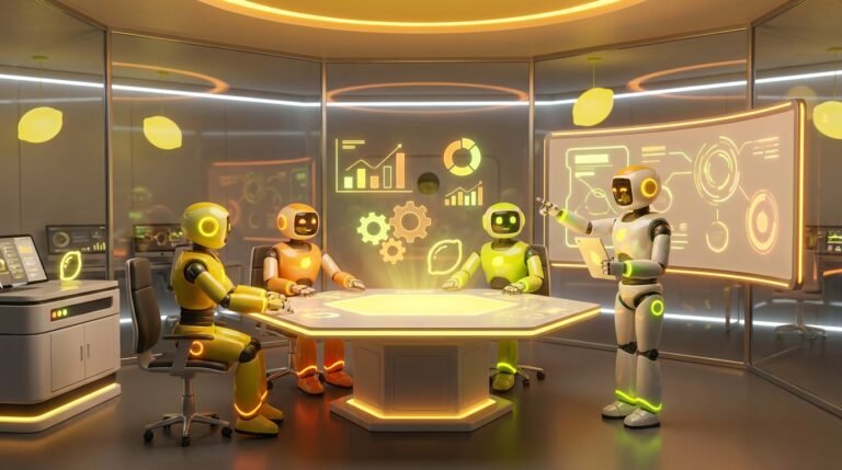 Vibrant 3D illustration of friendly AI robots collaborating in a modern tech room with lemon accents, exploring the different LaunchLemonade Plans.