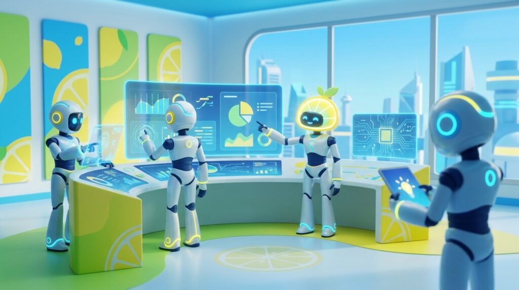 A high-quality 3D illustration of friendly AI agents collaborating in a vibrant, modern workspace featuring bright citrus accents and lemon symbolism.