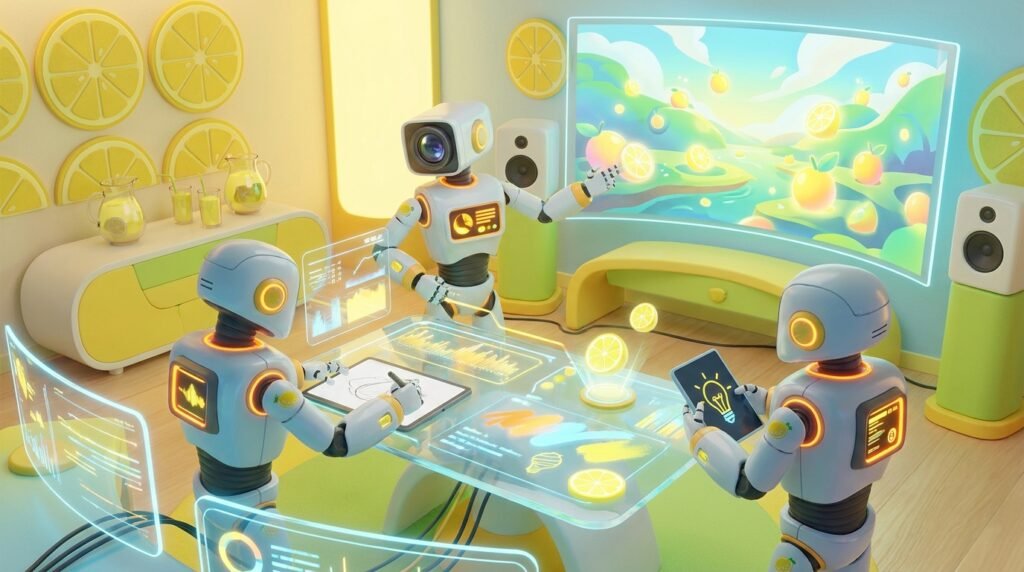 hree friendly AI robots collaborating on creative designs in a vibrant, high-tech room with bright lemon accents, showcasing the best AI image generator 2026.